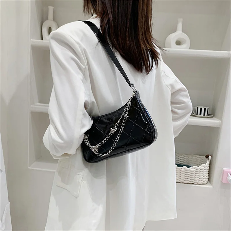 Women PU Leather Shoulder Underarm Bags Trendy Vintage Butterfly Chain Pure Color Zipper Handbag