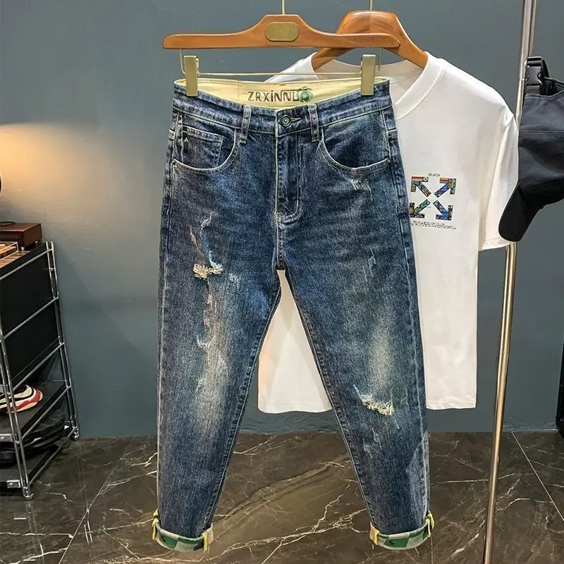 

Spring Summer 2025 New Men's Brand Branded Clothes Printed Micro-Harlan Small Feet Blue Clothing Ripped Jeans Cargo Pants Men