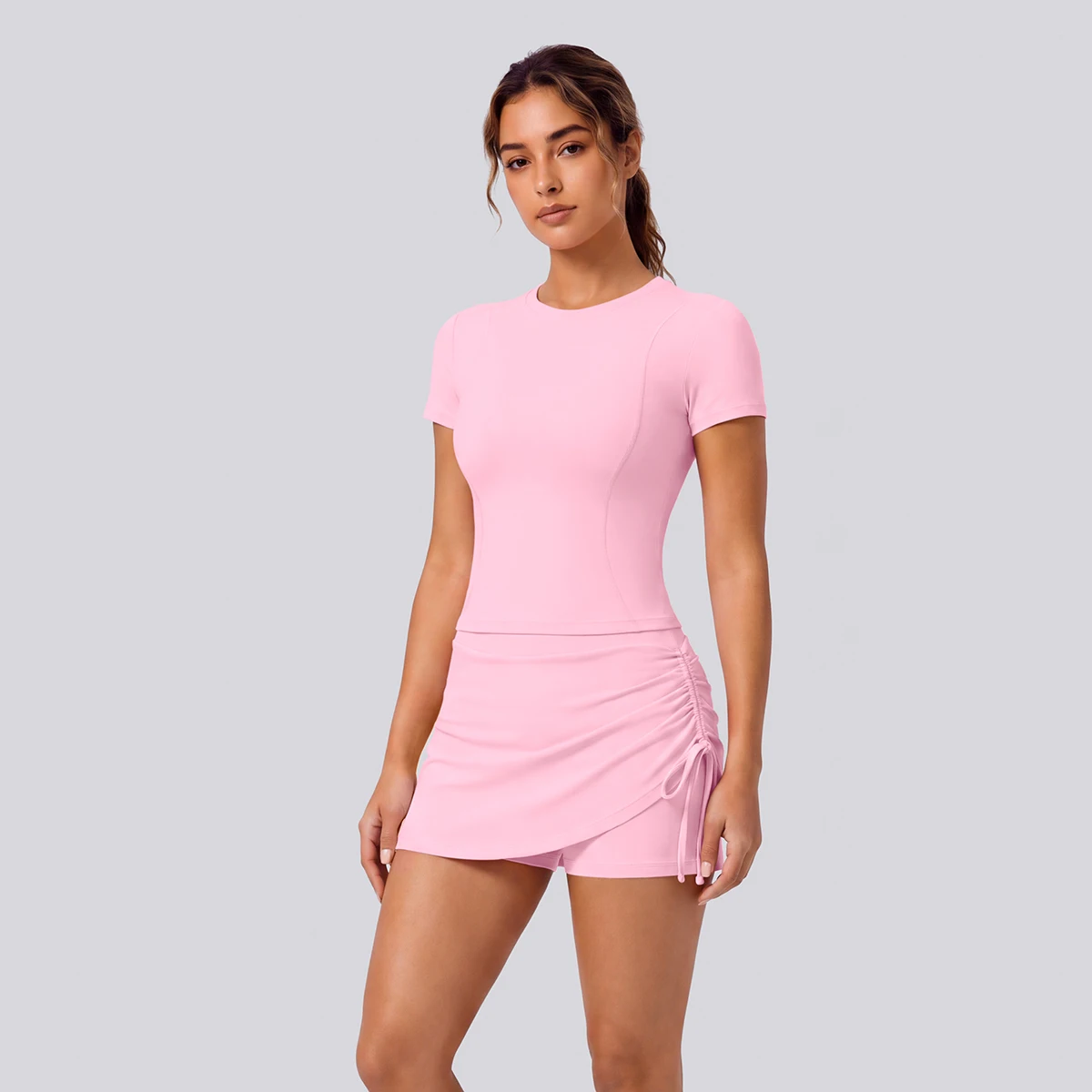 2PCS Woman Gym Yoga Set Solid Color Quick Drying Short Sleeve Workout Top Summer Shirring Tennis Skirt Yoga Short Skirt Yoga Set