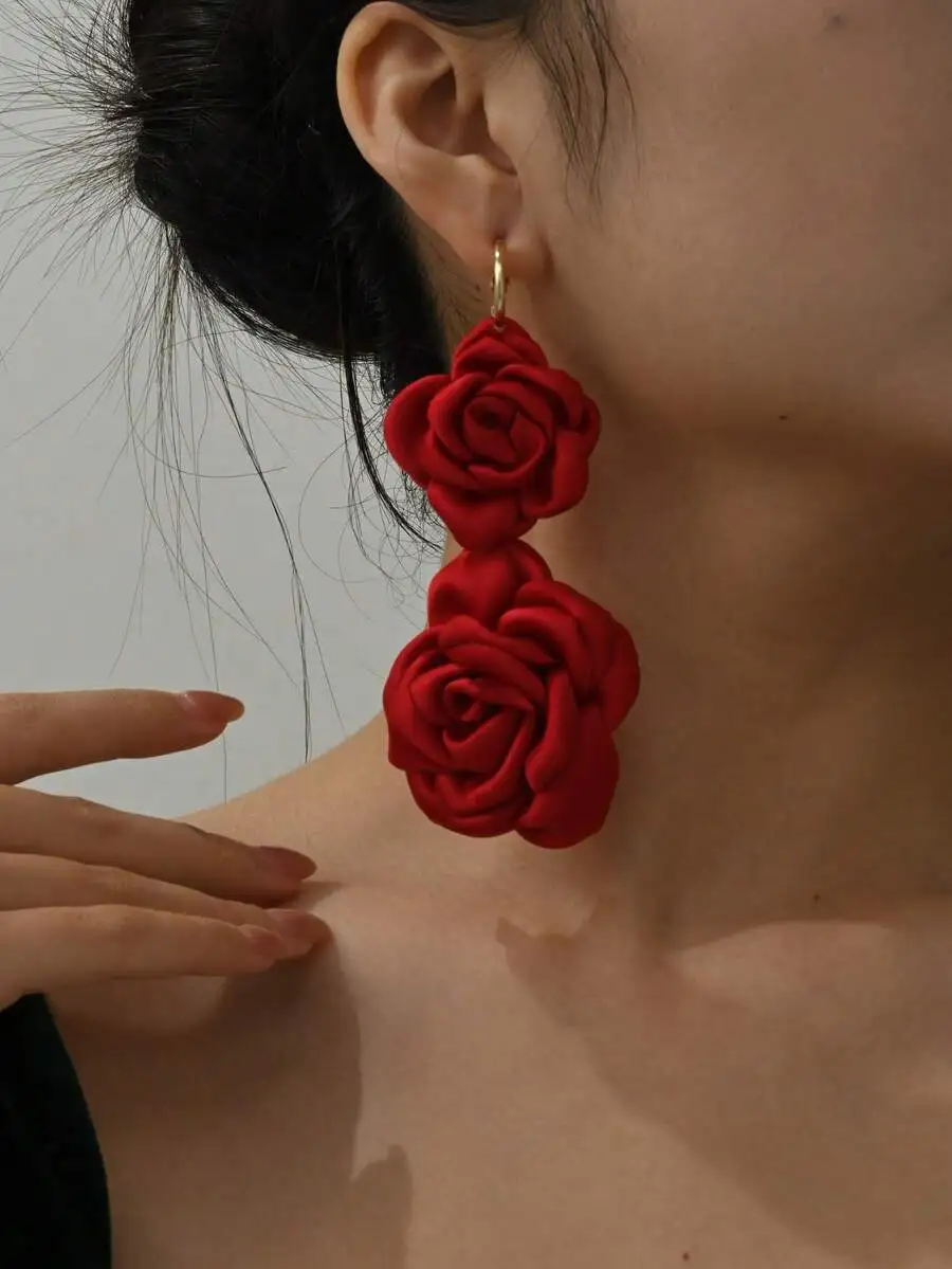 Handmade Fabric Rose Drop Earrings For Women Daily Wear Wedding