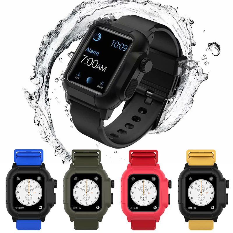 Soft Silicone Band Strap with Waterproof Case for Apple Watch SE Series 6 5 4 3 Cover 40mm 44mm 42mm Sport PC Protective Shell