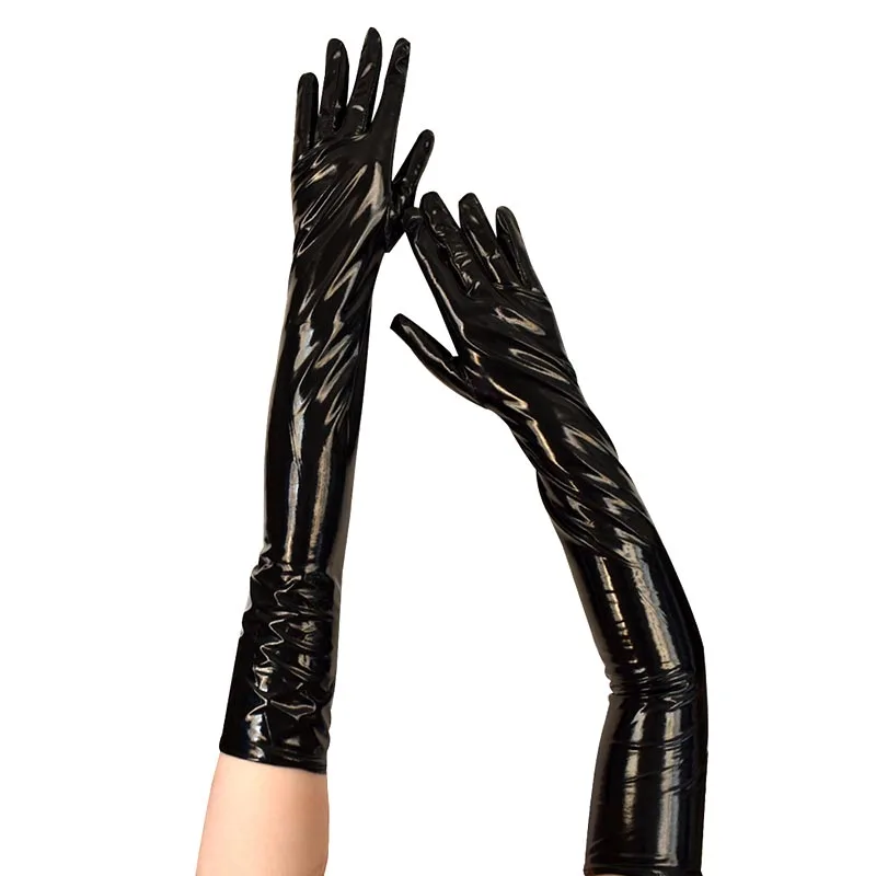Gants sexy en latex verni noir pour femme, moufles longues, performance de danse d\'Halloween, discothèque, pole légiti, bar, cosplay, 53cm