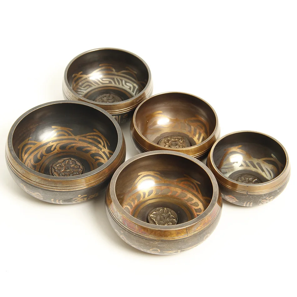 

Hand Hammered Tibetan Singing Bowl Set of 5 Meditation Sound Bowl, 8cm-11.5cm, Handcrafted in Nepal, Healing and Success