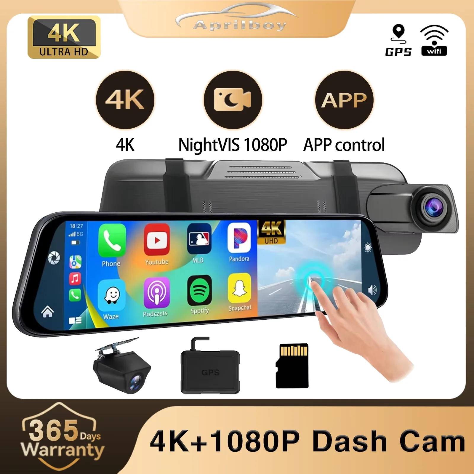 

Aprilboy 4K Dashcam двухканальный автомобильный зеркальный видеорегистратор с поддержкой беспроводного Carplay и Android Auto 1080P задняя камера ночного видения черный ящик