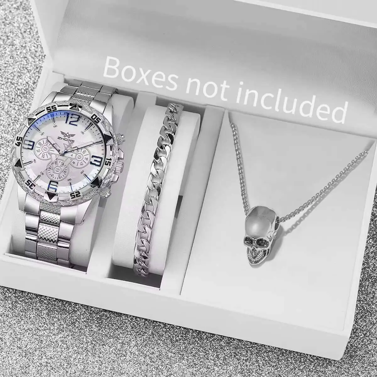 男性用ステンレススチールクォーツ時計,ラージダイヤル,ビジネスジュエリーセット,ボックスなし,ファッション,3個