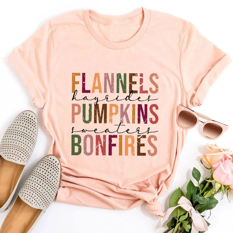 Pumpkins Bonfires Shirt Fall Tee Pumpkin Spice Tshirts Women Cute Fall Women Clothing Autumn Top Fall Letter Clothes