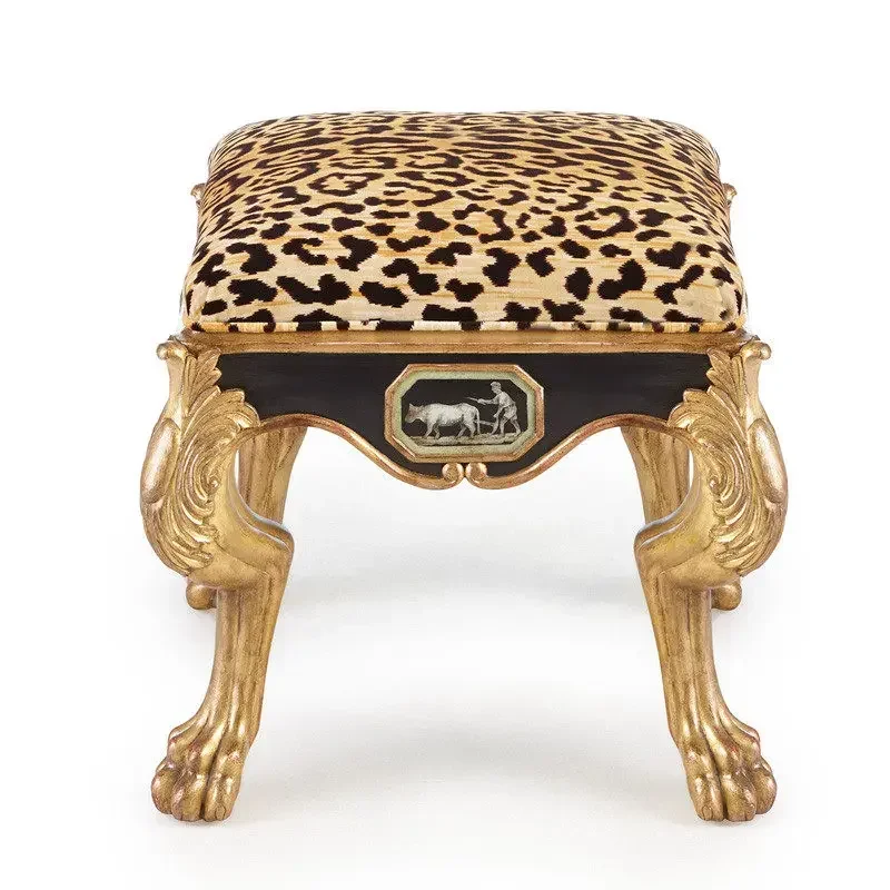 European court neoclassical solid wood light luxury carving bedroom end stool French leopard print