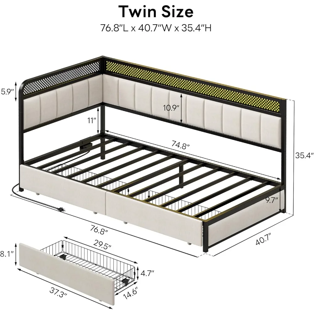 إطار سرير مزدوج الزاوية من LIKIMIO مع أدراج تخزين ومحطة شحن، وسرير نهاري مزدوج حديث مع أضواء LED وحزام منجد