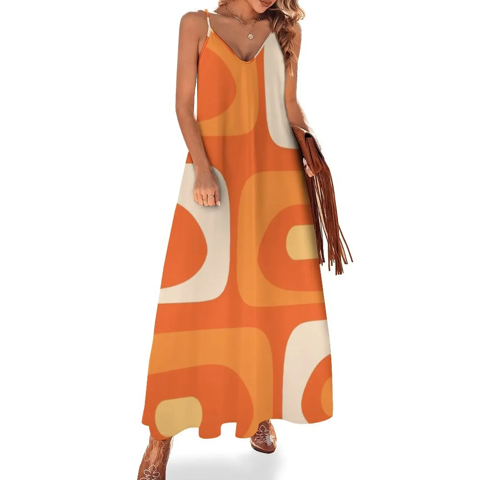 

Mid Century Modern Piquet Abstract Pattern in Orange Tangerine Yellow Cream Sleeveless Dress beach dress dress for women