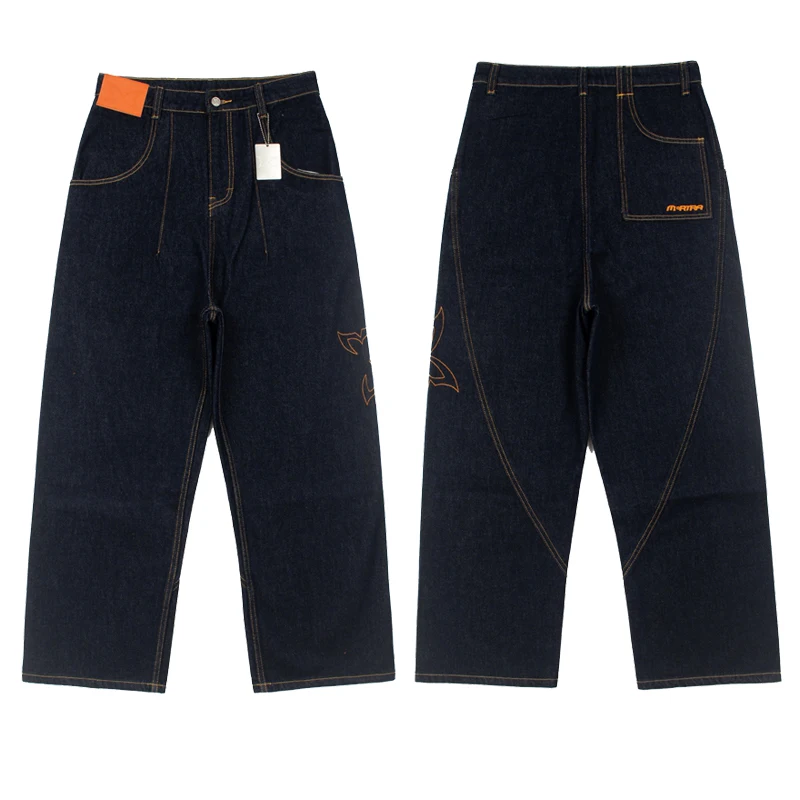Calças Jeans Vintage Unissex com Costura Laranja em Contraste, Corte Simples, Bordado, Perna Larga e Solta, Jeans Mertre