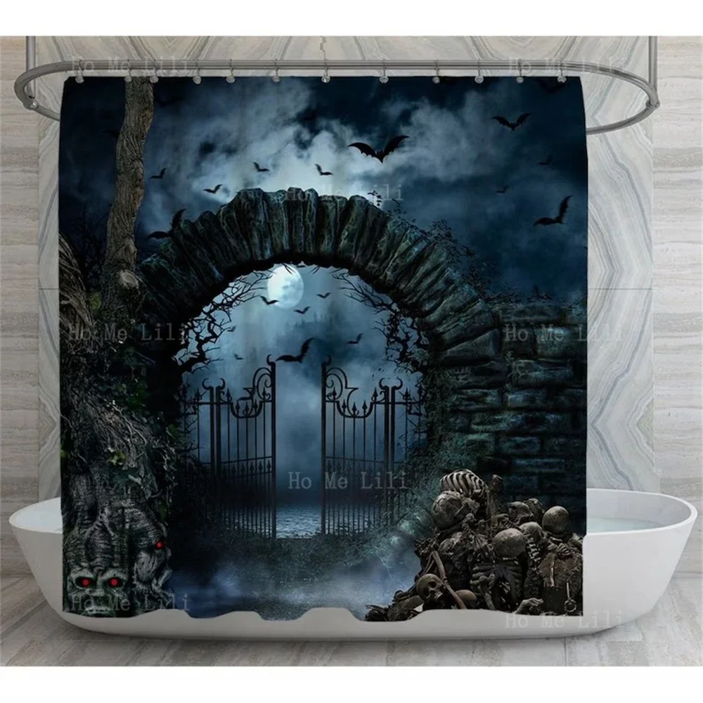 Halloween Skull Spooky Door Creepy Bat Bathroom Decorated With Shower Curtain