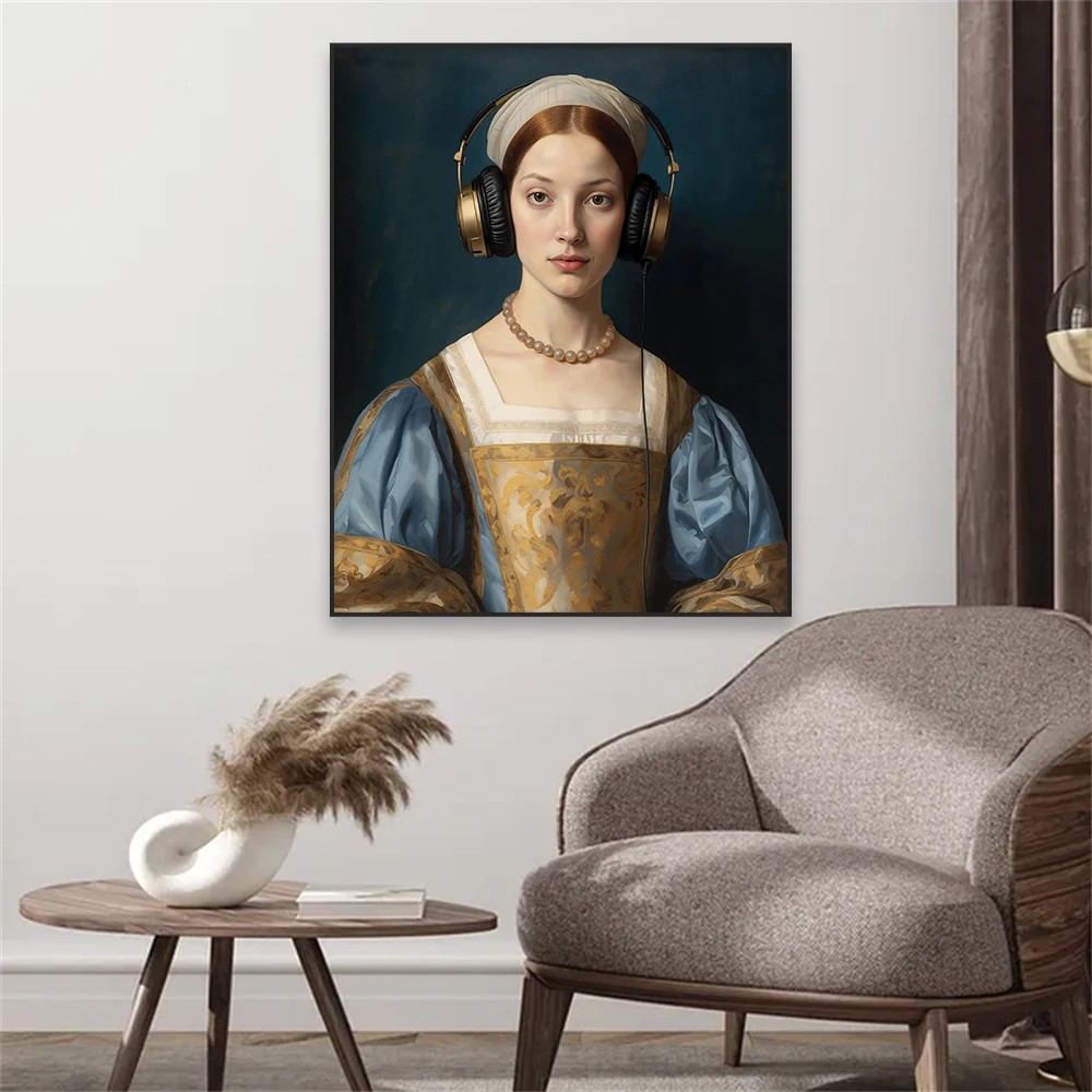 Renaissance Woman Portrait Oil Painting Prints Poster Woman Listening To Music Poster Altered Classic Art Canvas Painting