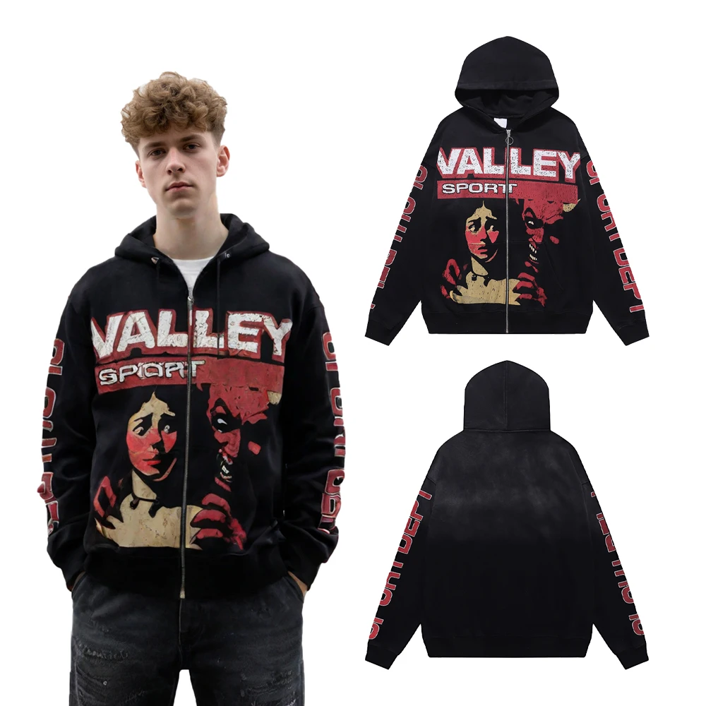 

Y2k Streetwear Clothing Men's Distressed Print Graphic Zipper Hoodies Casual Hip Hop Street Style Heavy Cotton Funny Sweatshirts