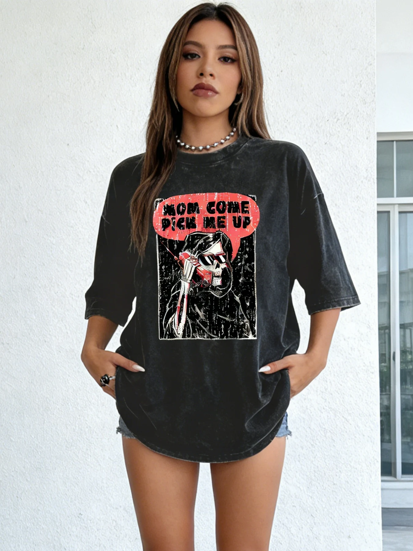 Cotton Acid Wash Women Oversized T-Shirt Mom Come Pick Me Up Skeleton Print Quirky Retro Casual Top Breathable Summer Streetwear