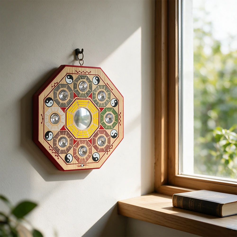 Peach Wood Feng Shui Bagua Mirror Nine Palaces Tai Chi Convex Mirror Traditional Home Protection Evil Ward Plaque 14.2x14.2cm