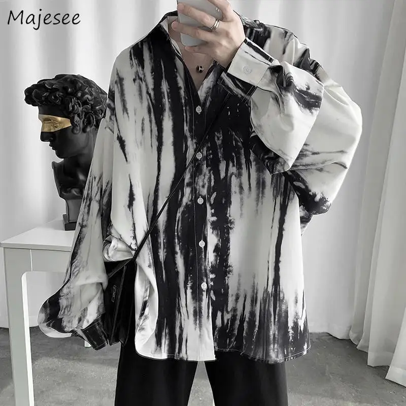 

Tie Dye Shirts for Men Baggy Handsome Casual Long Sleeve Tops Personality Harajuku Soft All-match Spring Autumn Daily Рубашки