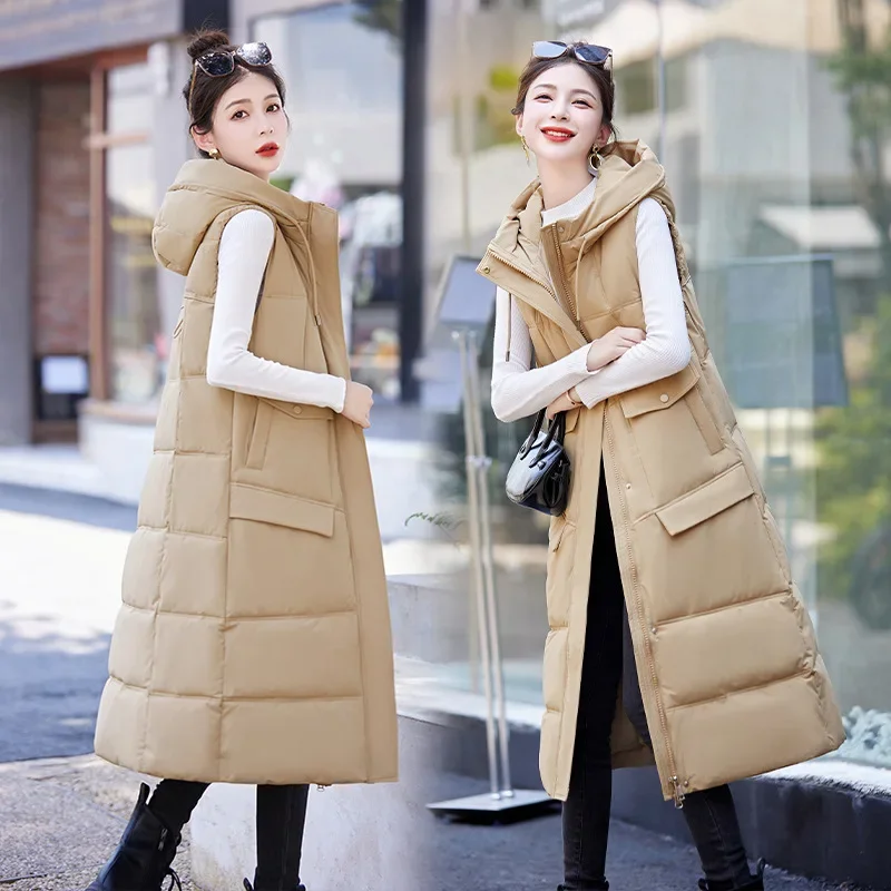 

Женский пуховый хлопковый жилет с капюшоном, новинка 2023 года, осенне-зимний модный длинный теплый хлопковый жилет без рукавов, куртка, женские топы