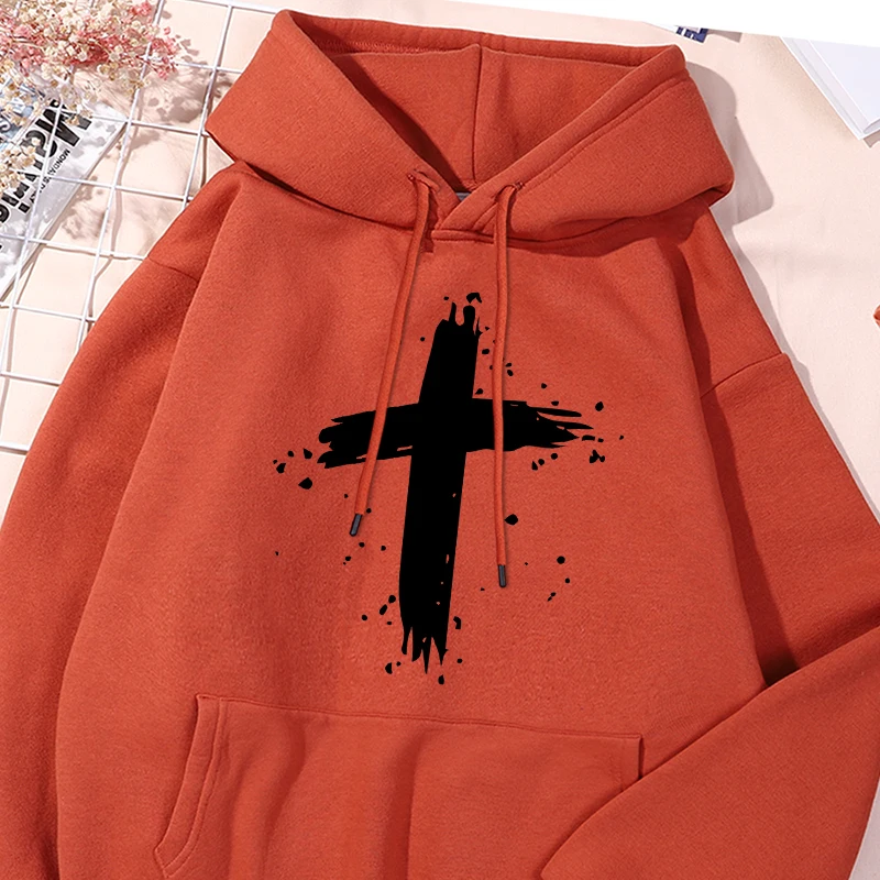 

Black Cross Printing Male Hooded Leisure Essential Sport Shirts Machine Washable Comfy Sportwear Versatile Fleece Pocket Clothes