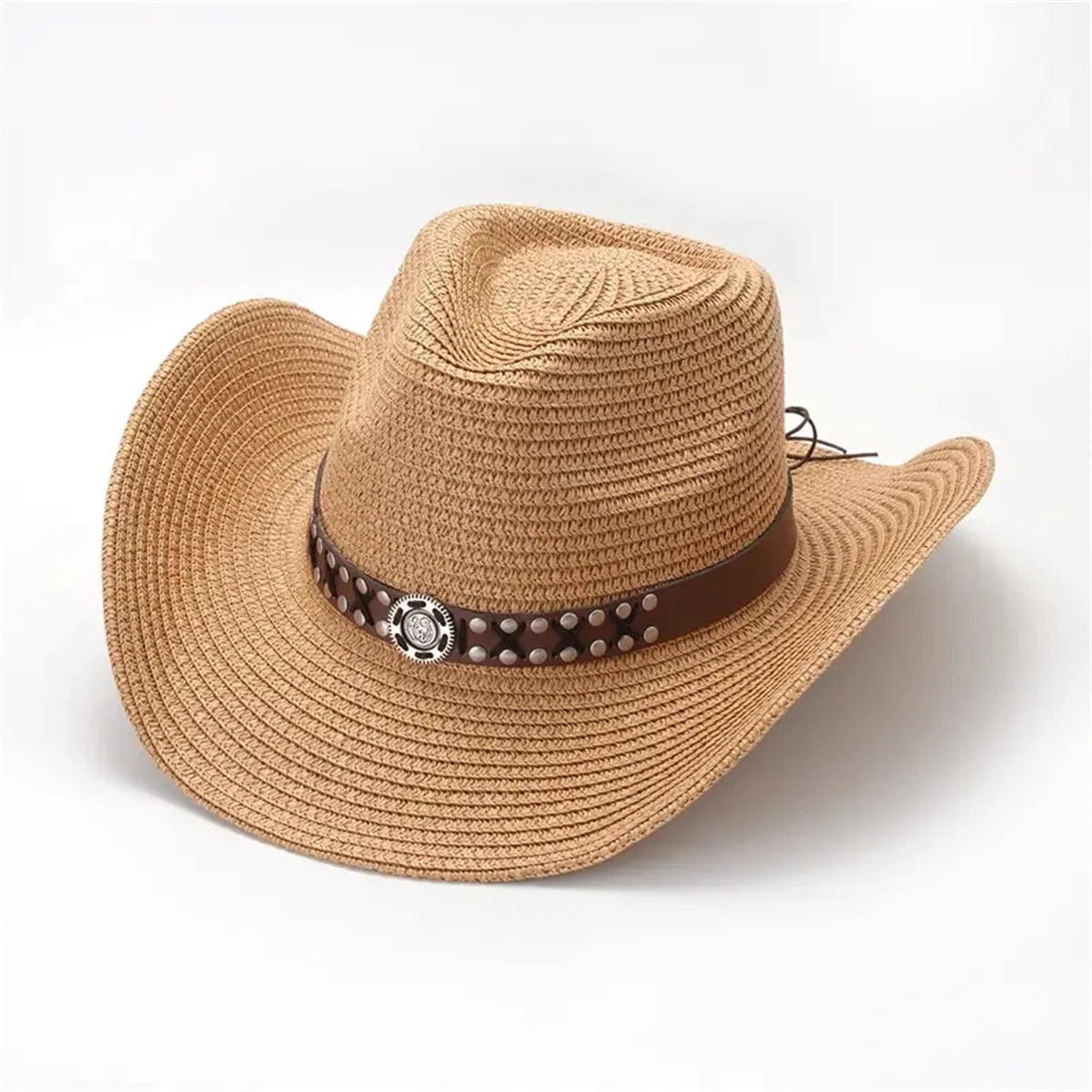 Belt Decor Straw Hat, Sun Visor Travel Fishing Outdoor Cowboy Hats,Vintage Casual Hair Accessories For Women