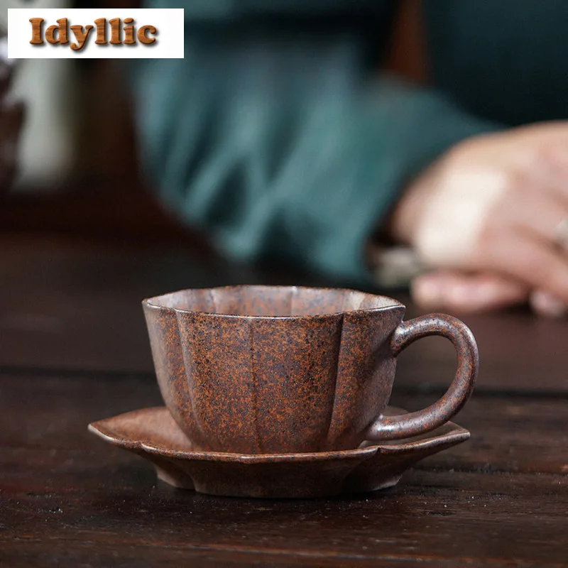 

100ml Yixing Purple Clay Petal Wood-fired Porcelain Coffee Mug With Plate Breakfast Mug Afternoon Tea Mug Cup Saucer Kit Teaset