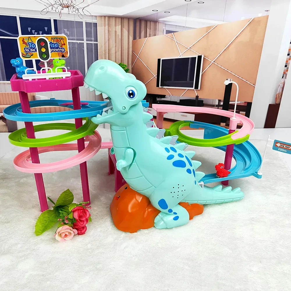 Desenhos animados dinossauro paraíso escalada caminhão brinquedos, escadas, trilho elétrico, corrediça do carro, escadas automáticas faixas, música brinquedo para crianças, novo