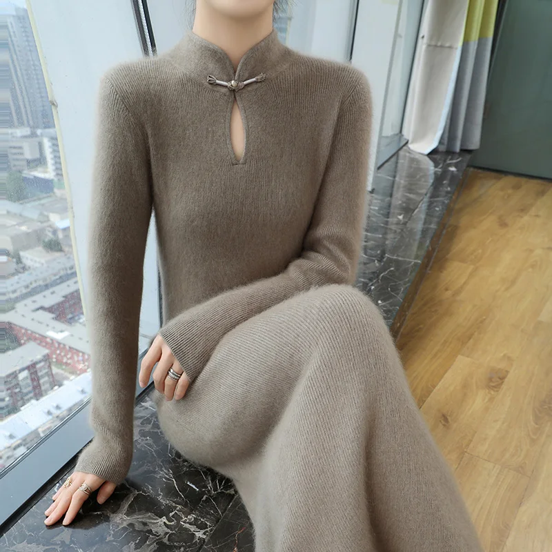 100% Mink Cashmere Dress Women's Stand up collar Pullover Long Skirt Slim Fit Fashion Long Warm Dress Autumn Winter Solid Color