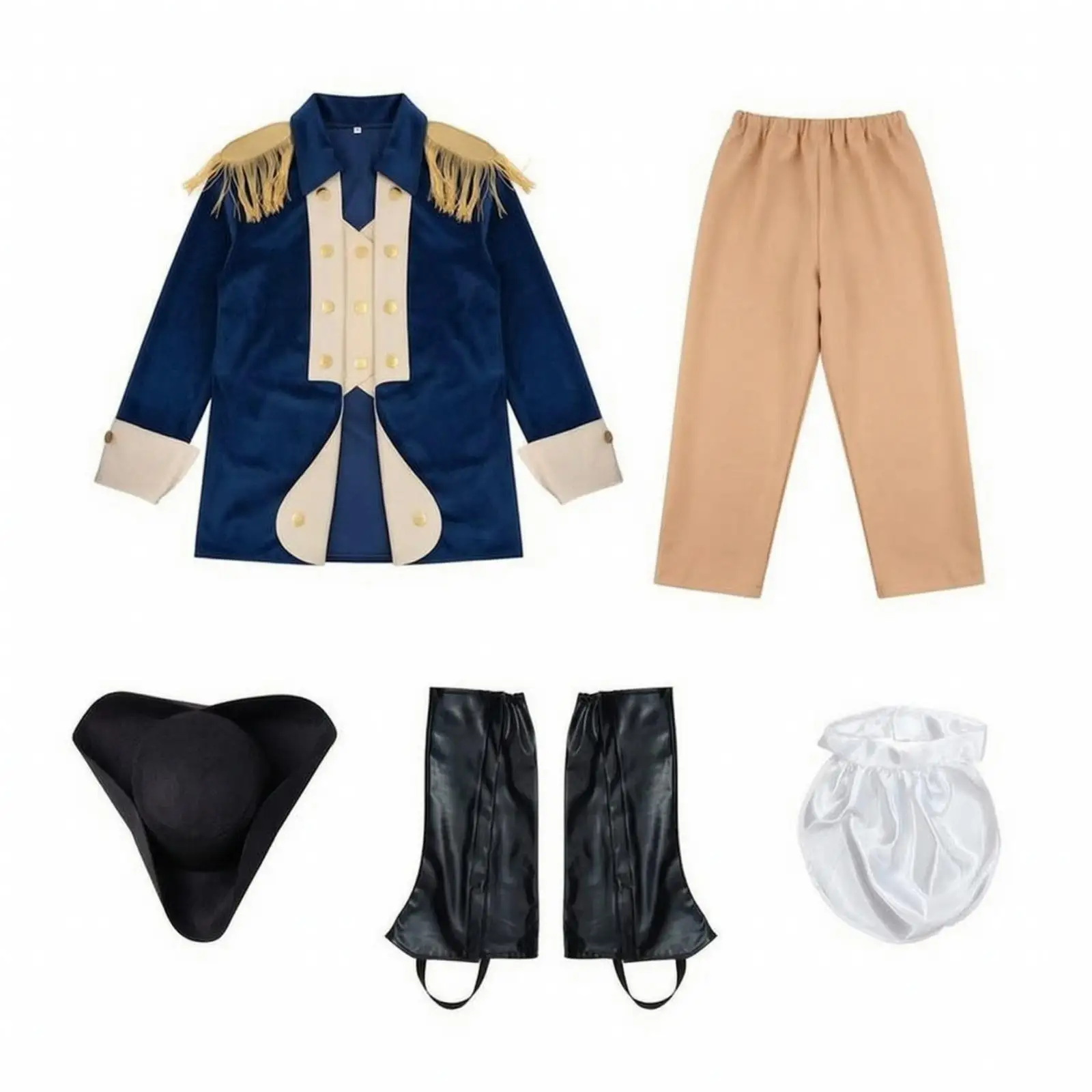 Colonial Costume with Boot Covers Gold-Trimmed Costume with Hat Patriotic Historical Outfit with Jacket and Pants for Kids,