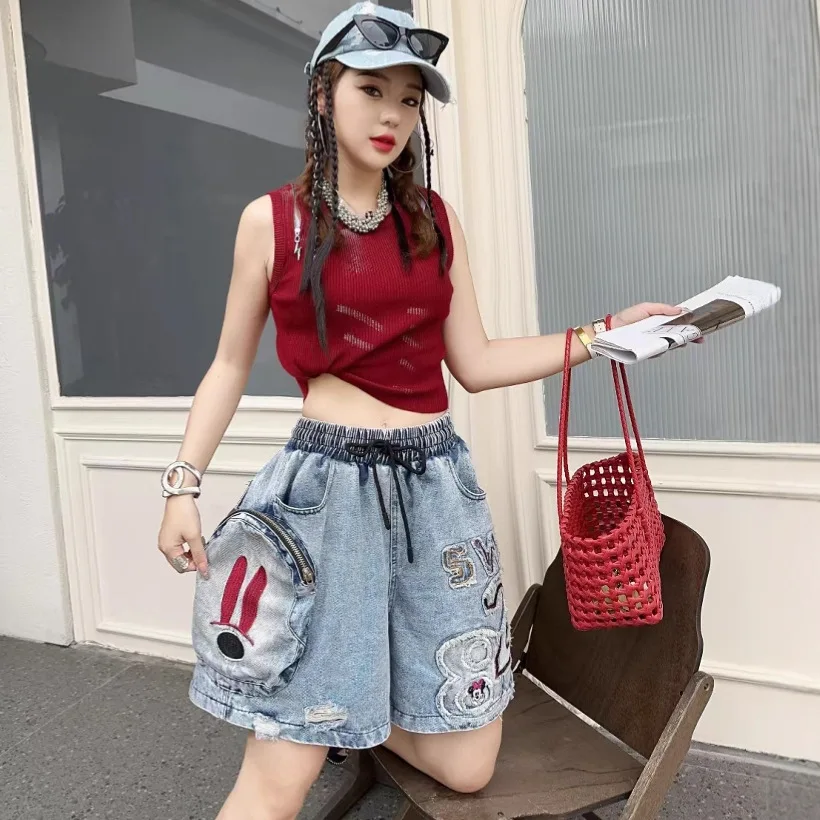 

2025 Summer New Vintage Street Washed Distressed Carter Jeans Shorts for Women Loose Versatile Casual Cartoon Short Pants