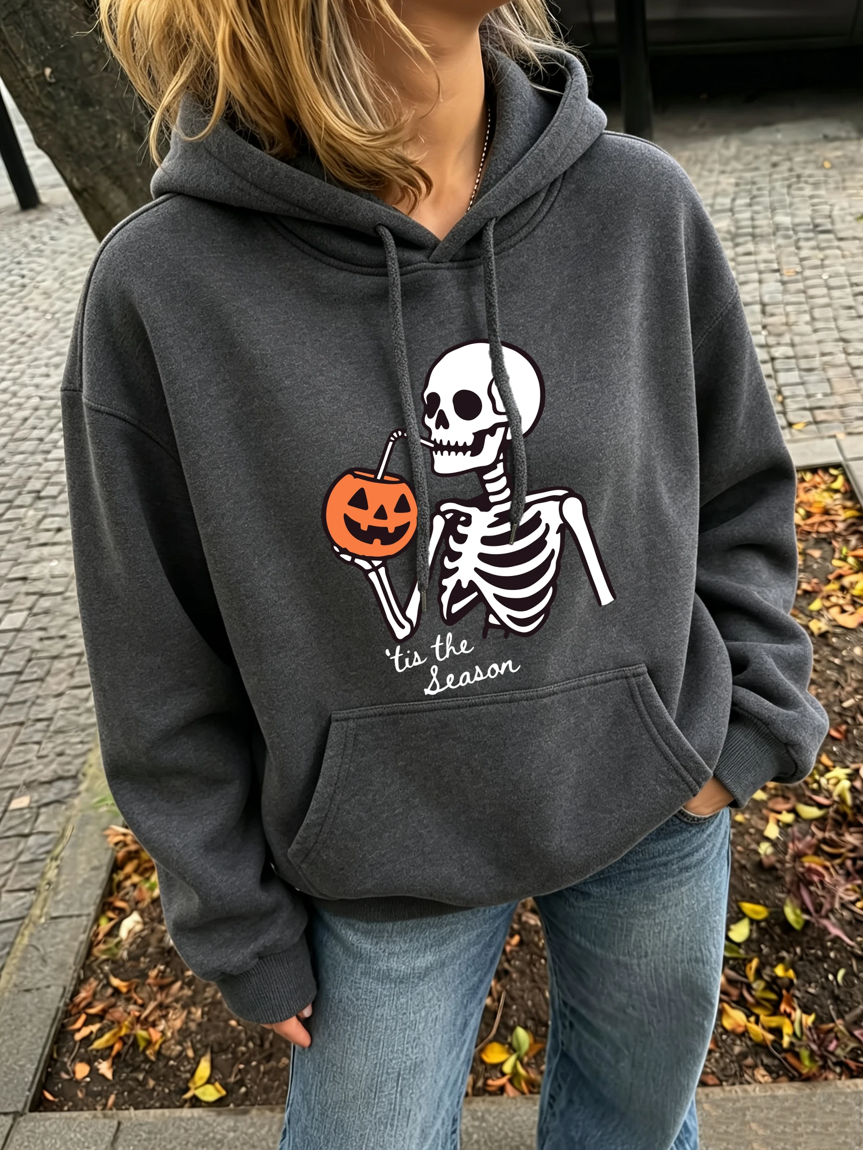 Halloween Skeleton Sip Pattern Women'S Hoodie Pocket Loose Y2K Streetwear Autumn Fleece Hoody Female Casual Running Pullovers