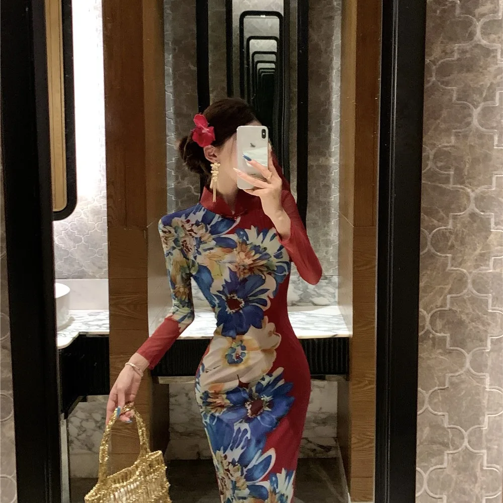 Ele Floral Me Split Qipao Dr Sexy Faionable Herbst Neue Ankunft frauen Lange Sve Bodycon Dr Chinesische Sle