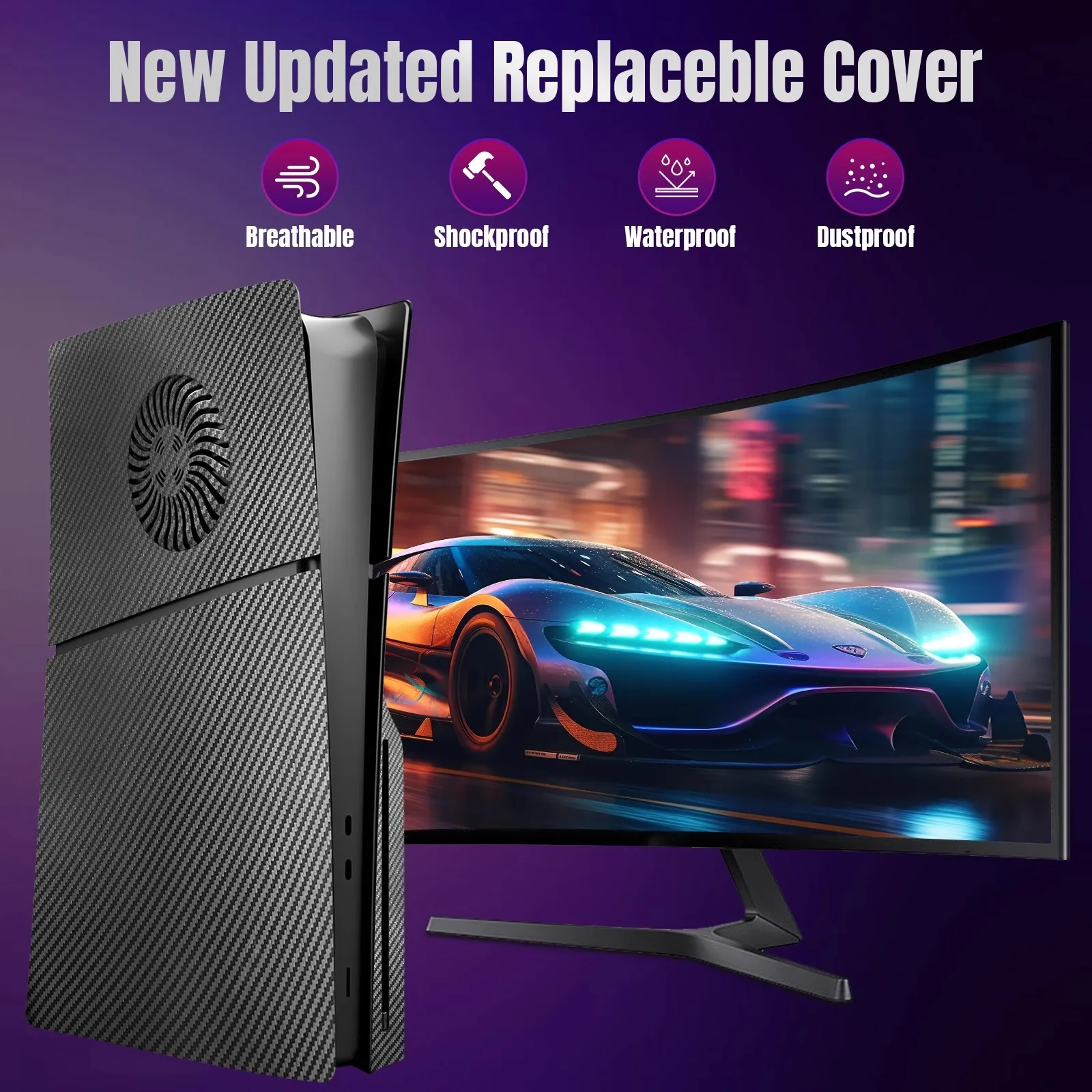 YUESHEN Ps5 غطاء نحيف من ألياف الكربون باللون الأسود مع فتحات تبريد وغطاء مقاوم للغبار لجهاز PS5 Slim