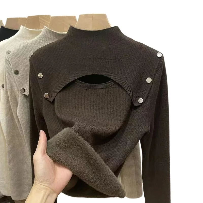 

High-neck Base Stylish Thickened Warm Sweater Autumn/Winter New Style Fleece One-piece Hollowed-out Design Knitted Sweater Top