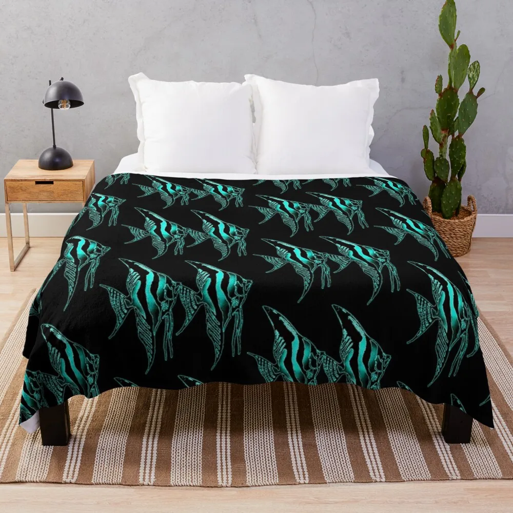 Angelfish blue Logo Pair in Black background Throw Blanket Fashion Sofa Blankets For Sofa Thin