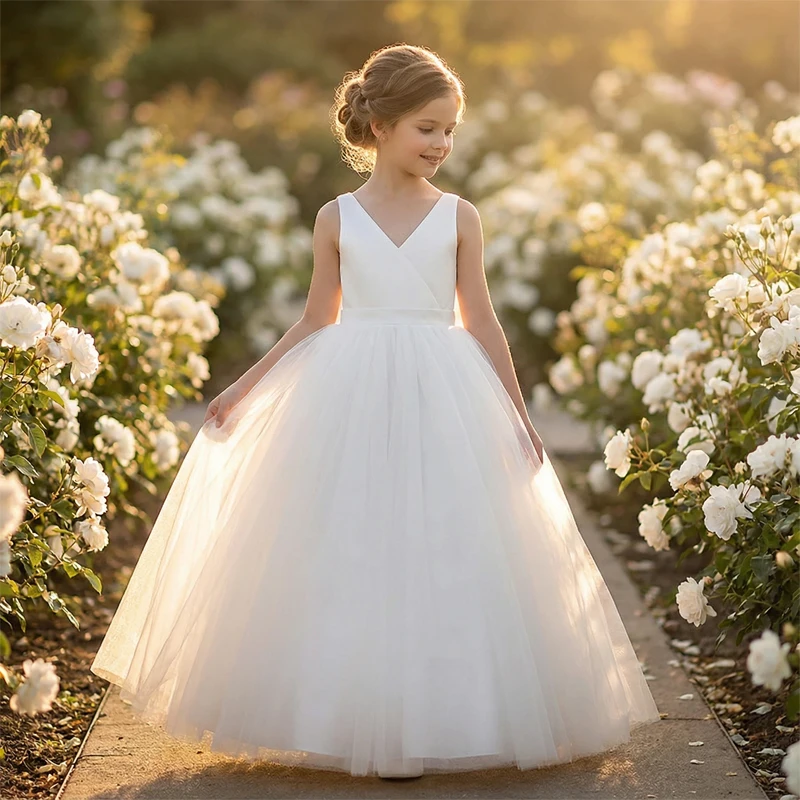 Girls Dress Pink Mesh Big Bow Girl Party Long Dresses Children Princess Ball Gown Dress Sleeveless Kids Wedding  Birthday Dress