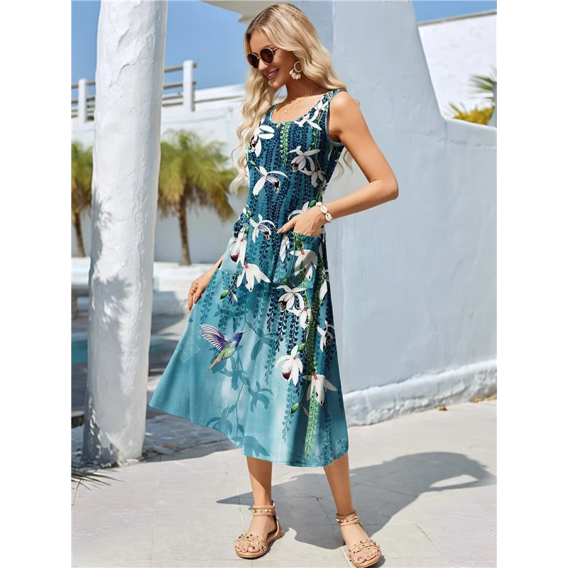 CGS-여성 여름 민소매 플로럴 비치 크루넥 하이웨이스트 A라인 미디 탱크 드레스 포켓 포함