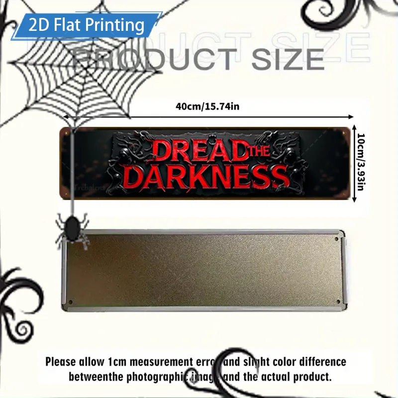1 قطعة علامة معدنية ، 4x16 بوصة علامة "Dread the Darkness" للهالوين ، طباعة مسطحة ثنائية الأبعاد ، ديكور الخفافيش المخيف واليقطين