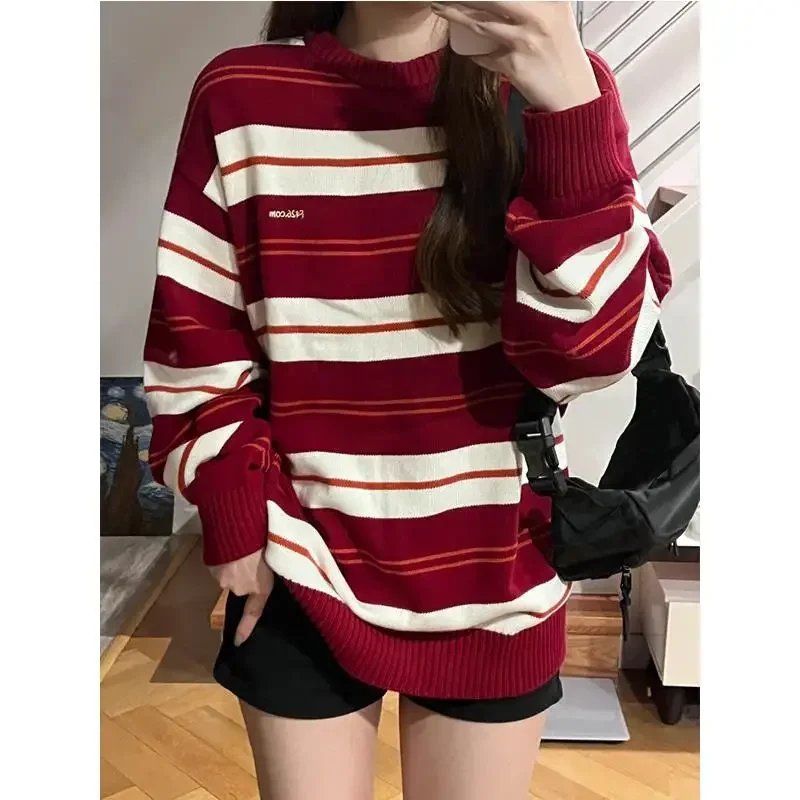 

Новые женские пуловеры контрастного цвета в стиле ретро с круглым вырезом в полоску, вязаные минималистичные повседневные вязаные топы с длинными рукавами JJ108