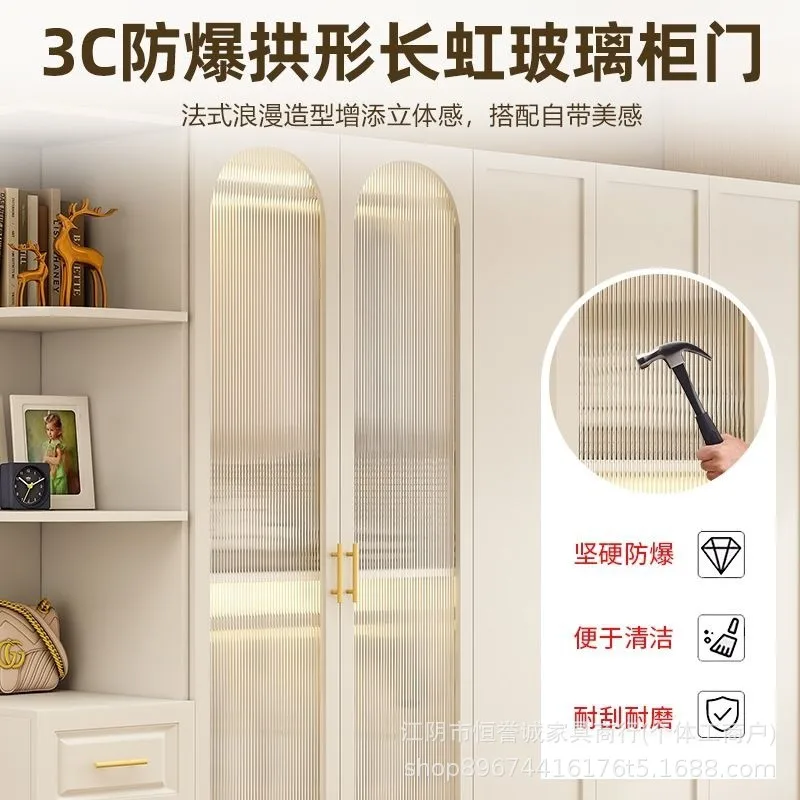 New Solid Wood Wardrobe Home Bedroom Modern Light Luxury Ecological Board Retro White Explosion-proof Glass Door Adult Wardrobe