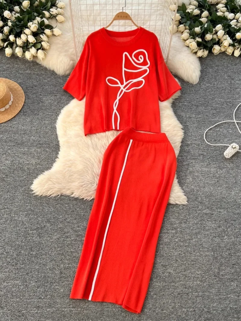 Summer Skirts Suit Female Korean Fashion Three-dimensional Rose Loose Round Neck Short Sleeve T-shirt High Waist Slim Skirts