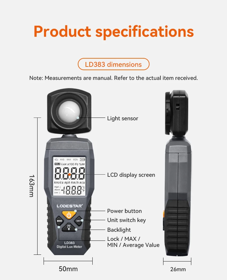 LODESTAR LD383 Light Meter Digital Illuminance Meter Handheld Ambient Temperature Measurer with Range up to 200,000 Lux Luxmeter