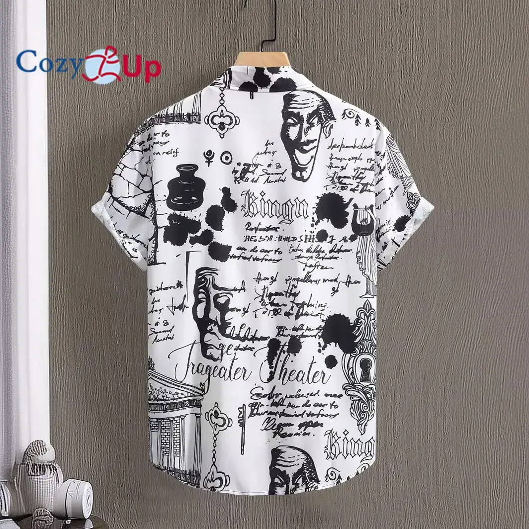 Fashionable Men Short Sleeved Shirts with Lettering Ink Graffiti Printing Digital Printing Polyester Men Summer Shirt