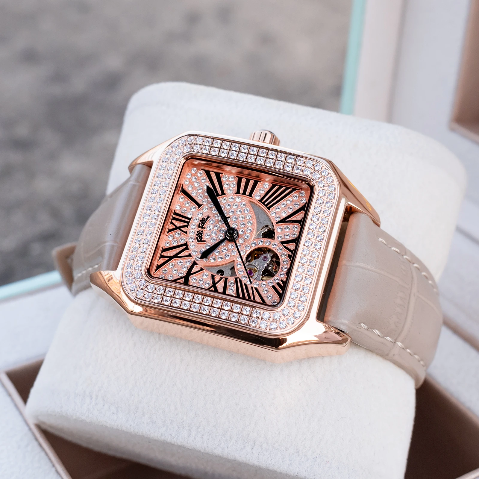 FolliFollie Women's Square Dress Watch Rose Gold Diamond Dial Roman Numerals Grey Leather Strap Automatic Wristwatch for Lady