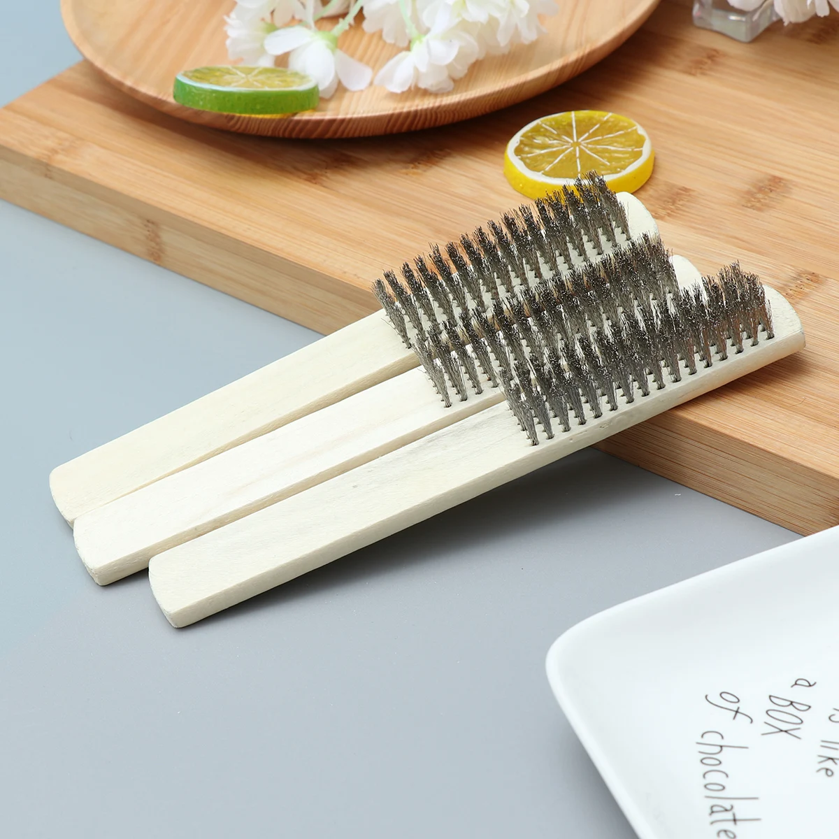 

5PCS Wire Brush Stainless Steel Rust Removal Paint Cleaning Bamboo Handle Metal Long Lasting Durability High Quality Tough