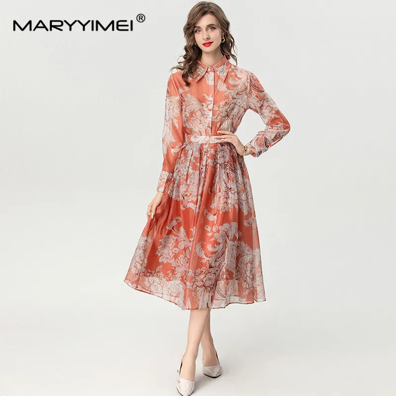 MARYYIMEI-Jupe trapèze en cristal à simple boutonnage pour femme, col rabattu imbibé, imprimé vintage, automne et hiver, ensemble 2 pièces