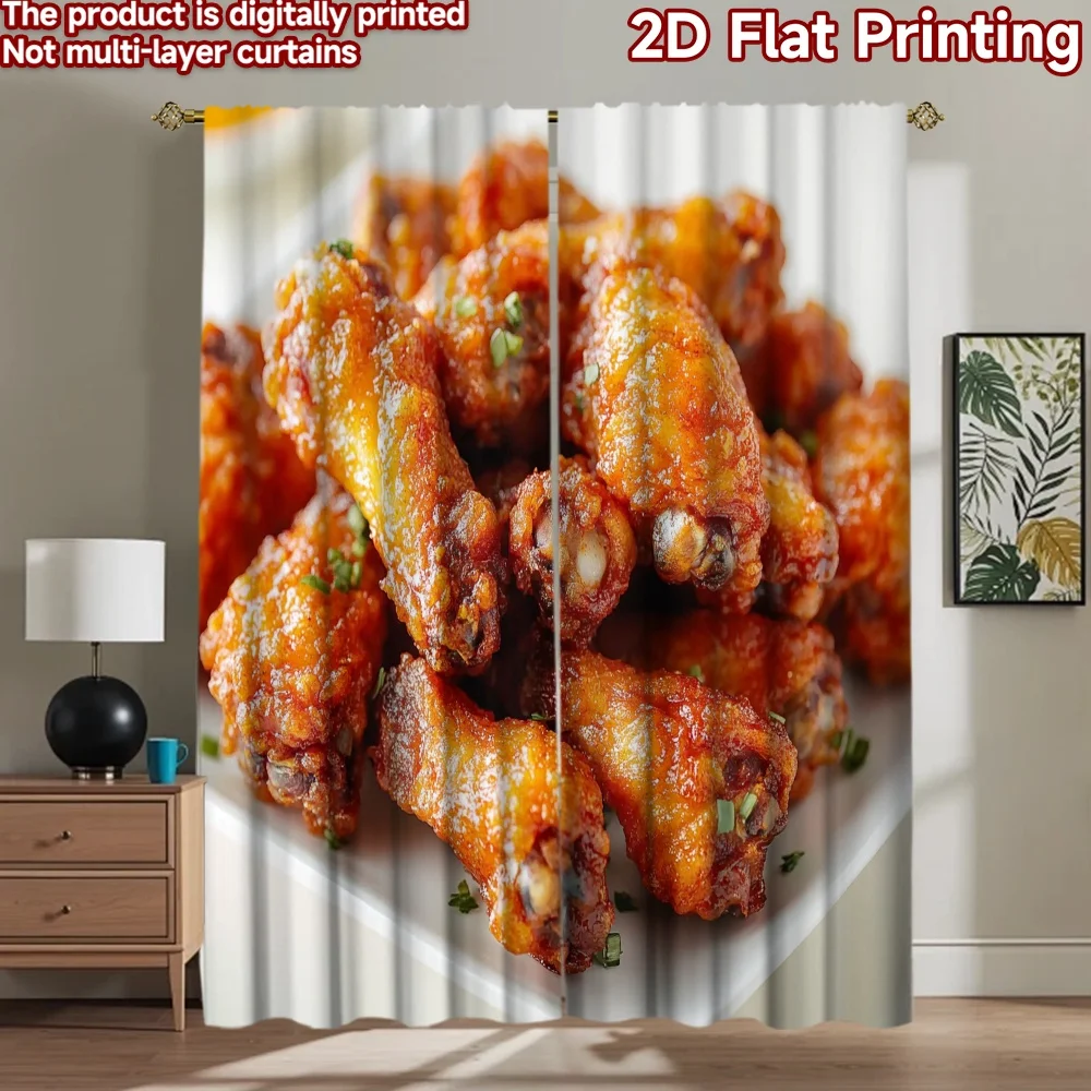 2D flat 2pcs Curtain Retro Country Style Spicy Chicken Wings Digitally printed polyester, colorfast Festive Curtains for Photo