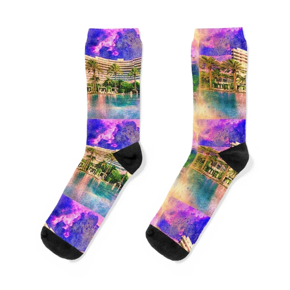 

Fontainebleau Miami Beach seen from the swimming pool at sunset - digital painting Socks Thermal man winter Socks Men Women's