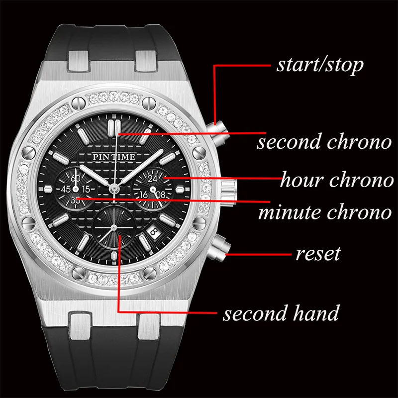 Casuals Watch for Men Diamond Iced Bezel Fashion Quartz Wristwatch Sports Silicone Band Waterproof 30m Chronograph Reloj Hombre