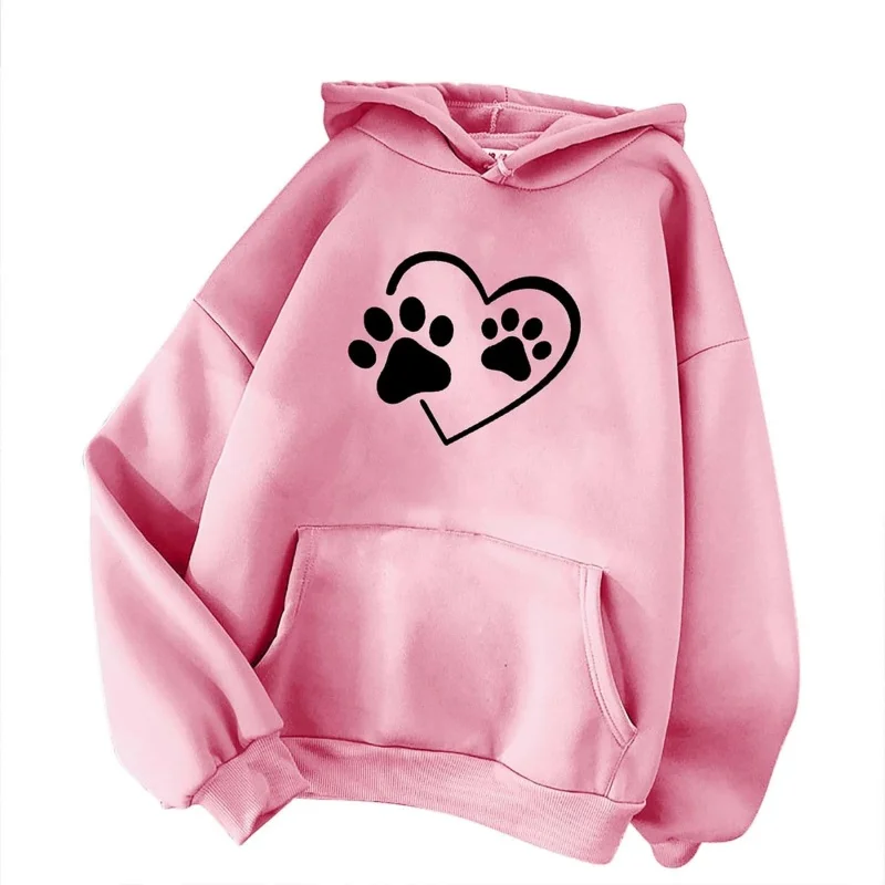 Pink Girls' casual sportswear with heart-shaped dog paw print long sleeved hoodie