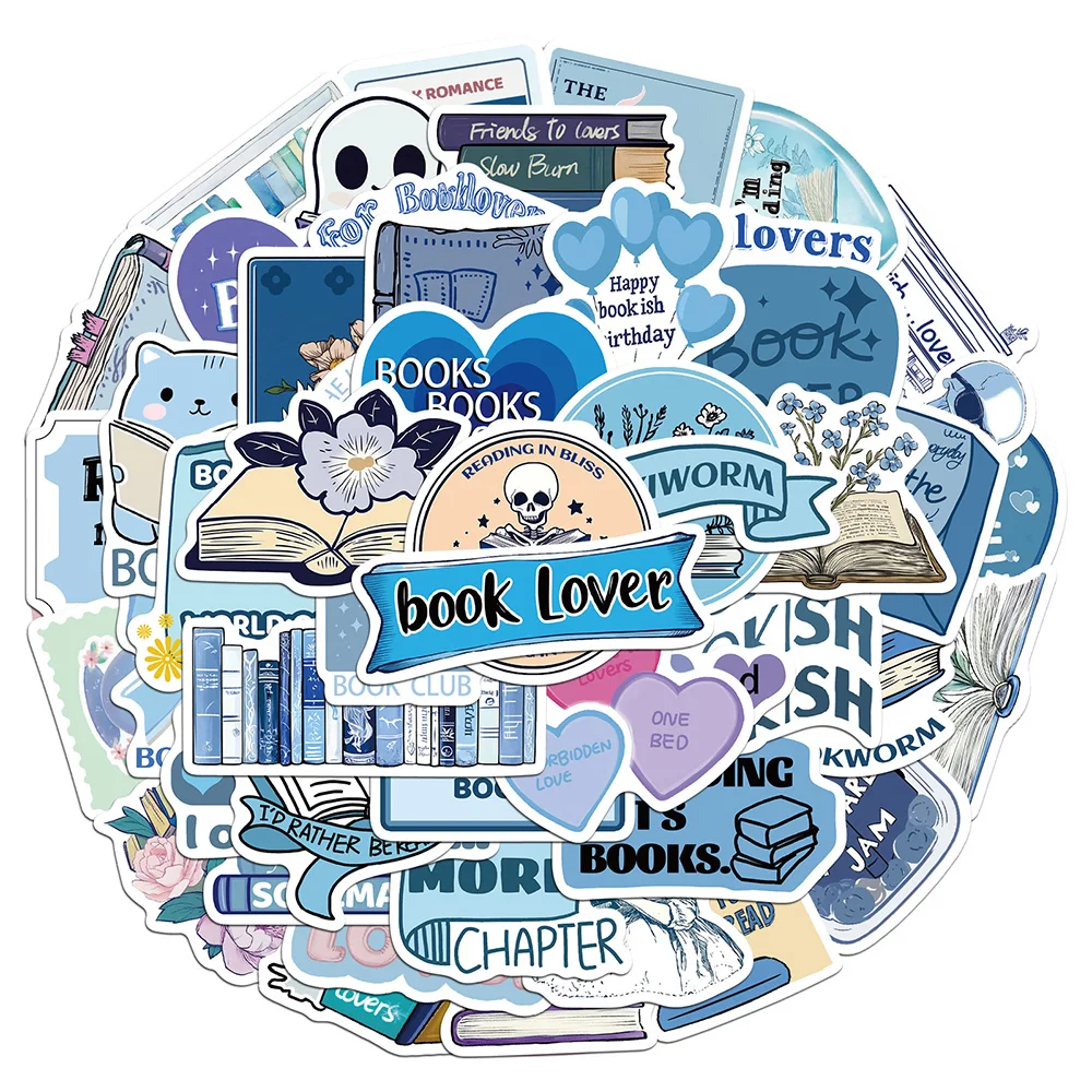 10/30/50pcs Blue Bookish Aesthetic Stickers Cute Cartoon Reading Book Decals Scrapbook Suitcase Phone Graffiti Sticker Kids Toy