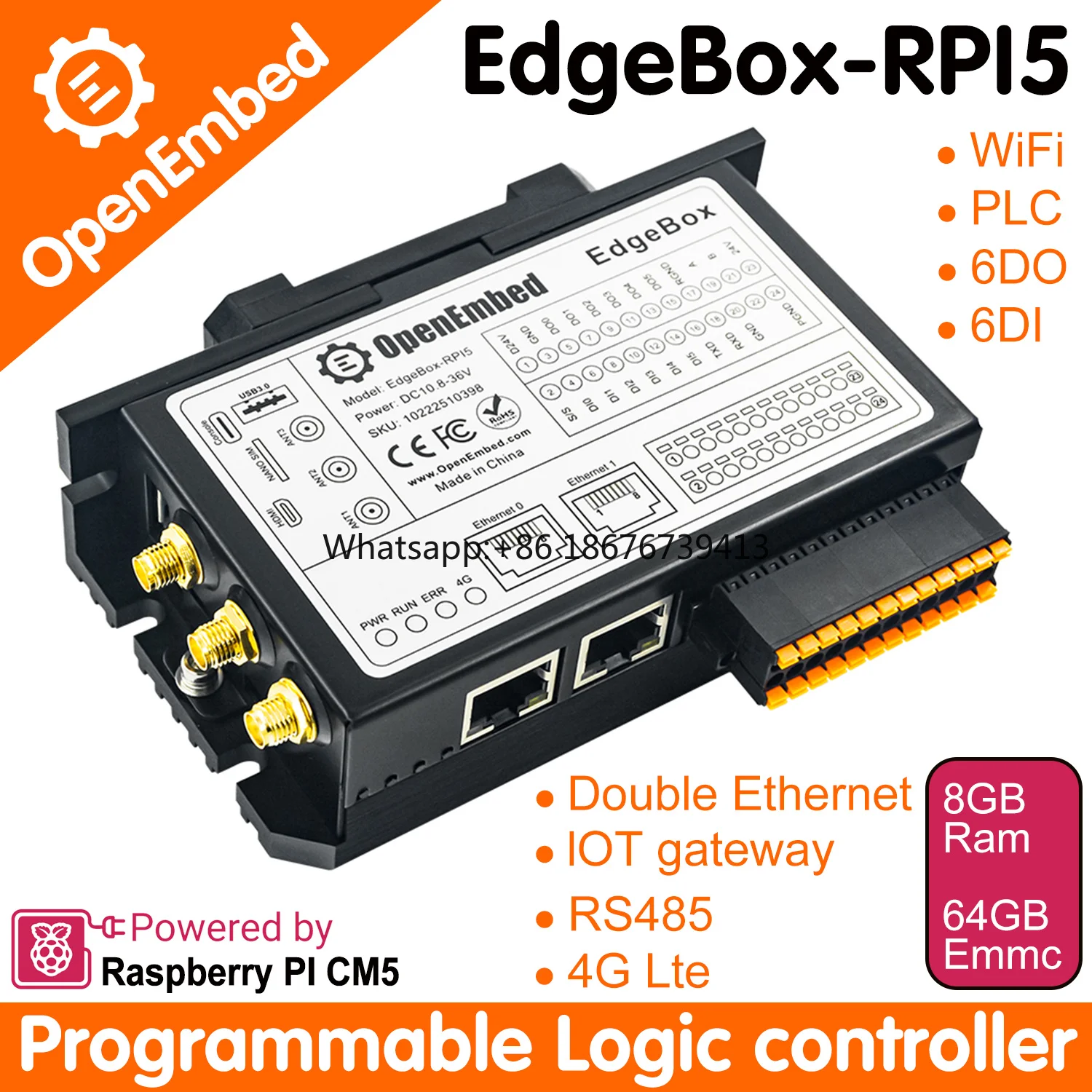 PLC Industrial 4.0 Programmable Controller IoT Gateway Edgebox-RPI Raspberry Pi CM5 with 6DI 6DO  RJ45 RS485 Communication PLC